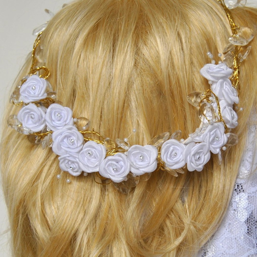 Adjustable Bridal Hair Crown with White Roses Crystals Golden Vine Greek Goddess